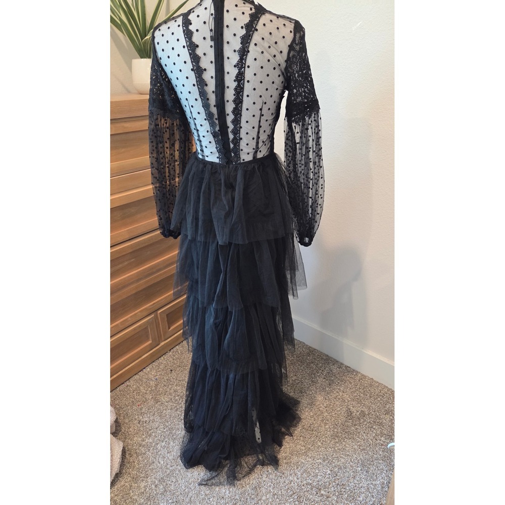 Giffniseti Lace Tulle Tiered Maxi Dress Sheer Polka Dot Gothic Black Gown Small - Picture 11 of 12